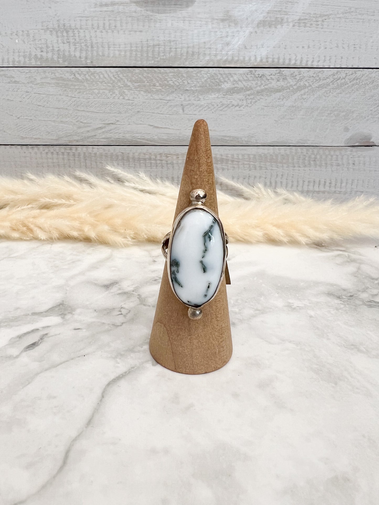 Dendritic Opal with Ball Detail Ring- #12 Size: 8.5