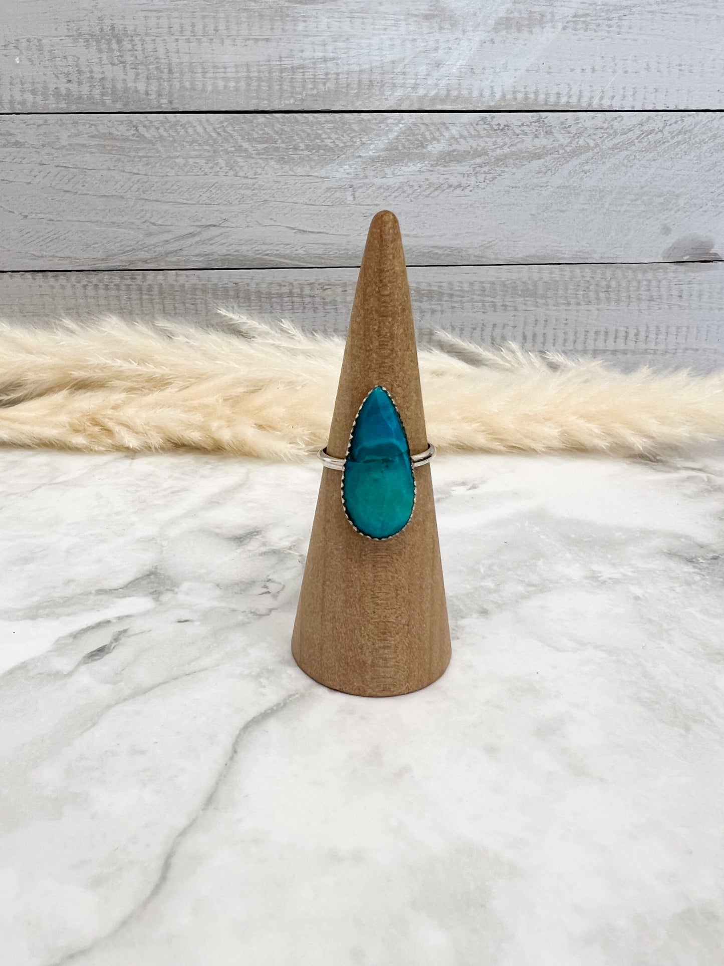 American Turquoise Teardrop with Round Band Ring- #45 Size: 7