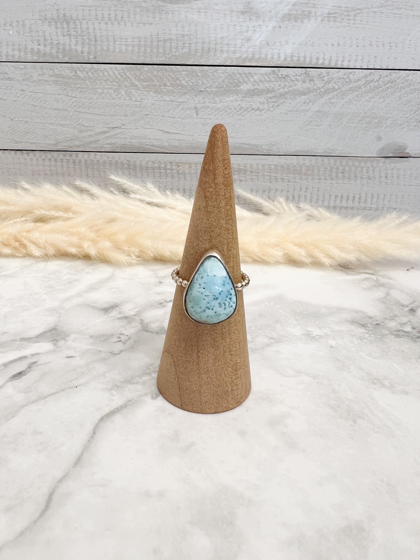 Larimar Teardrop with Ball Band Ring- #50 Size: 8