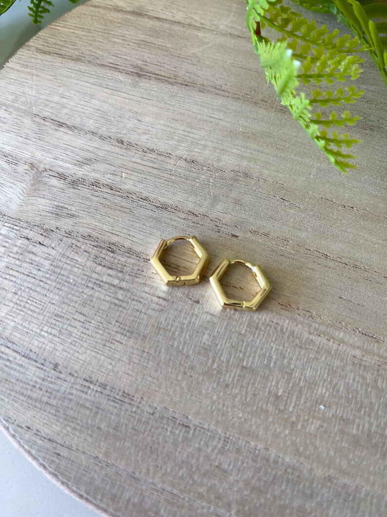 Gold Hexagon Huggies Earrings