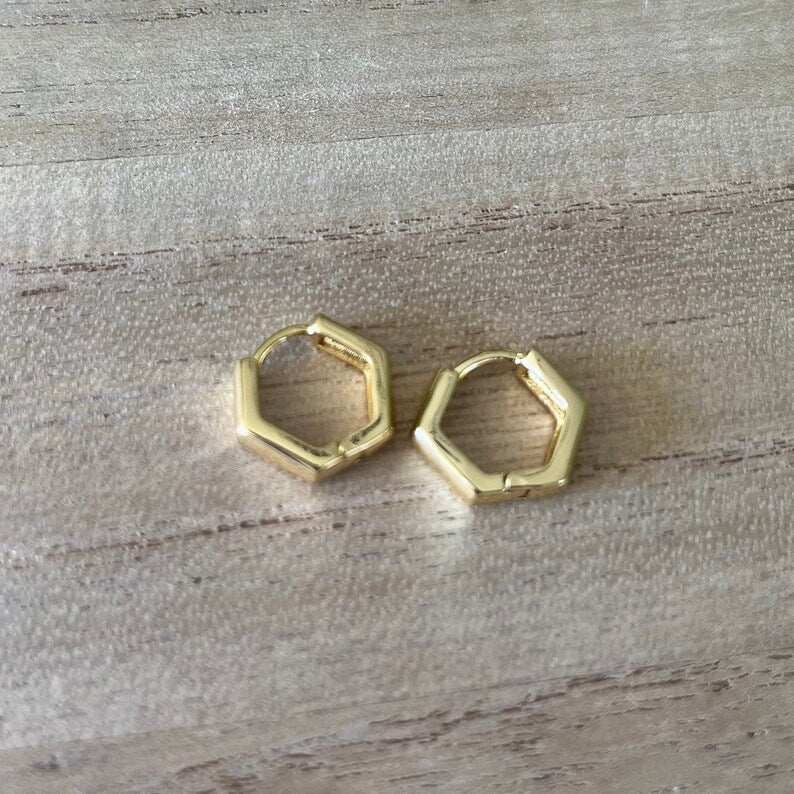 Gold Hexagon Huggies Earrings