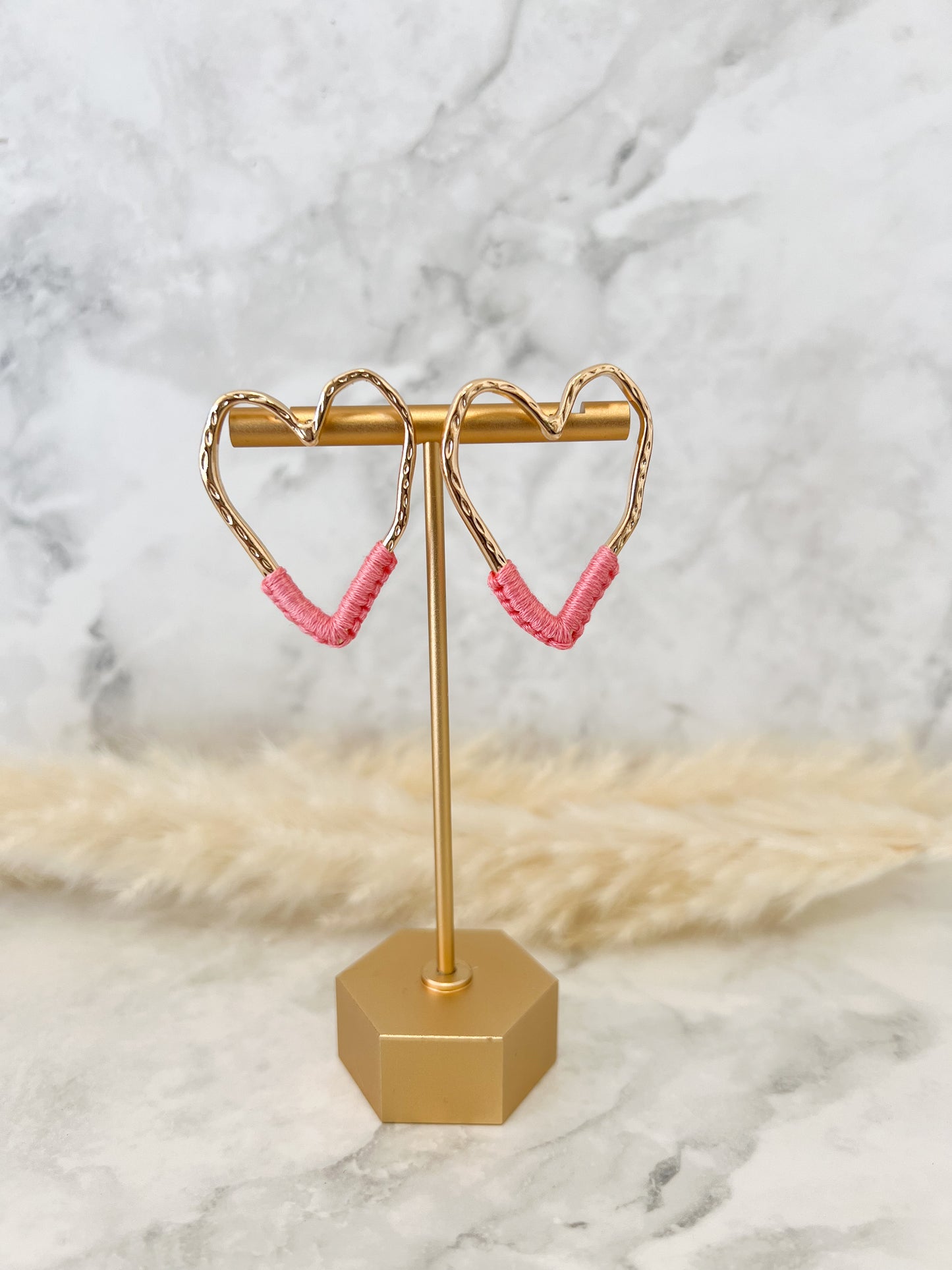 Pink & Gold Heart Crochet Earrings