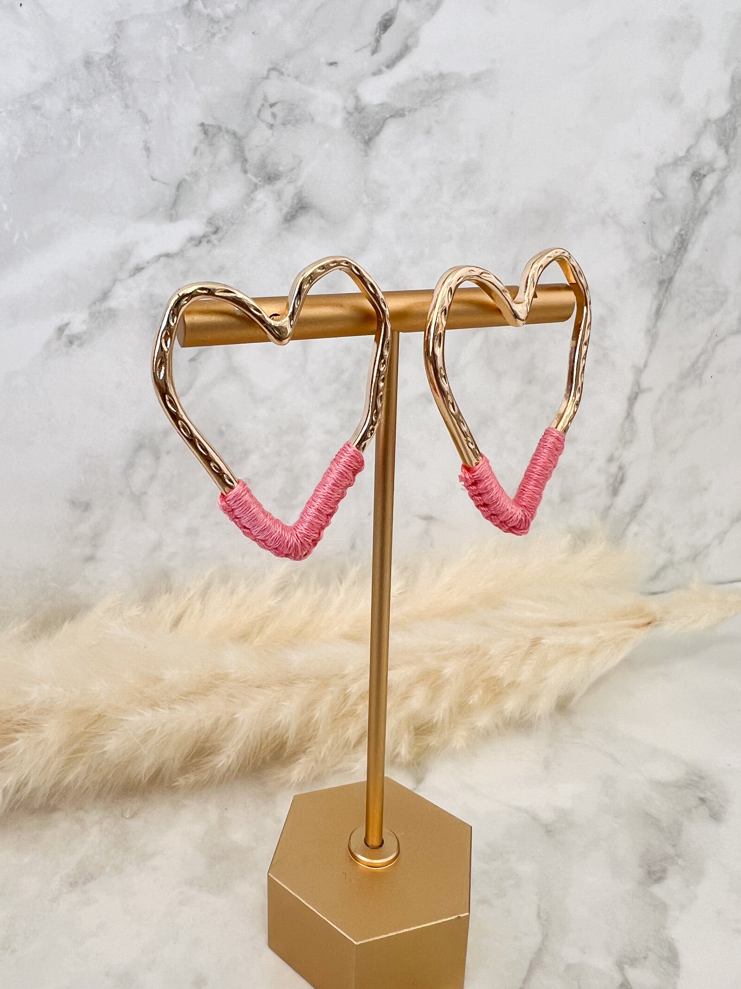 Pink & Gold Heart Crochet Earrings