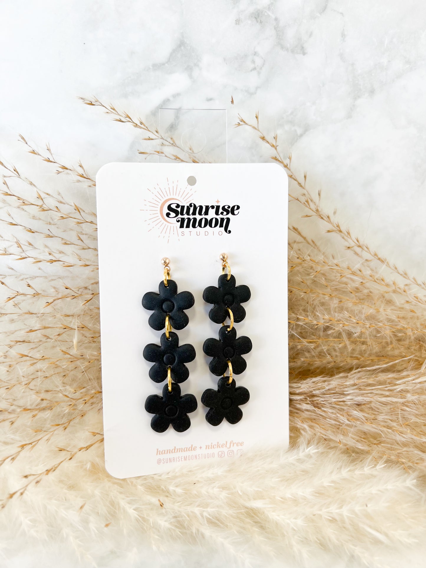 8A- Triple Black Flower Drop Earrings