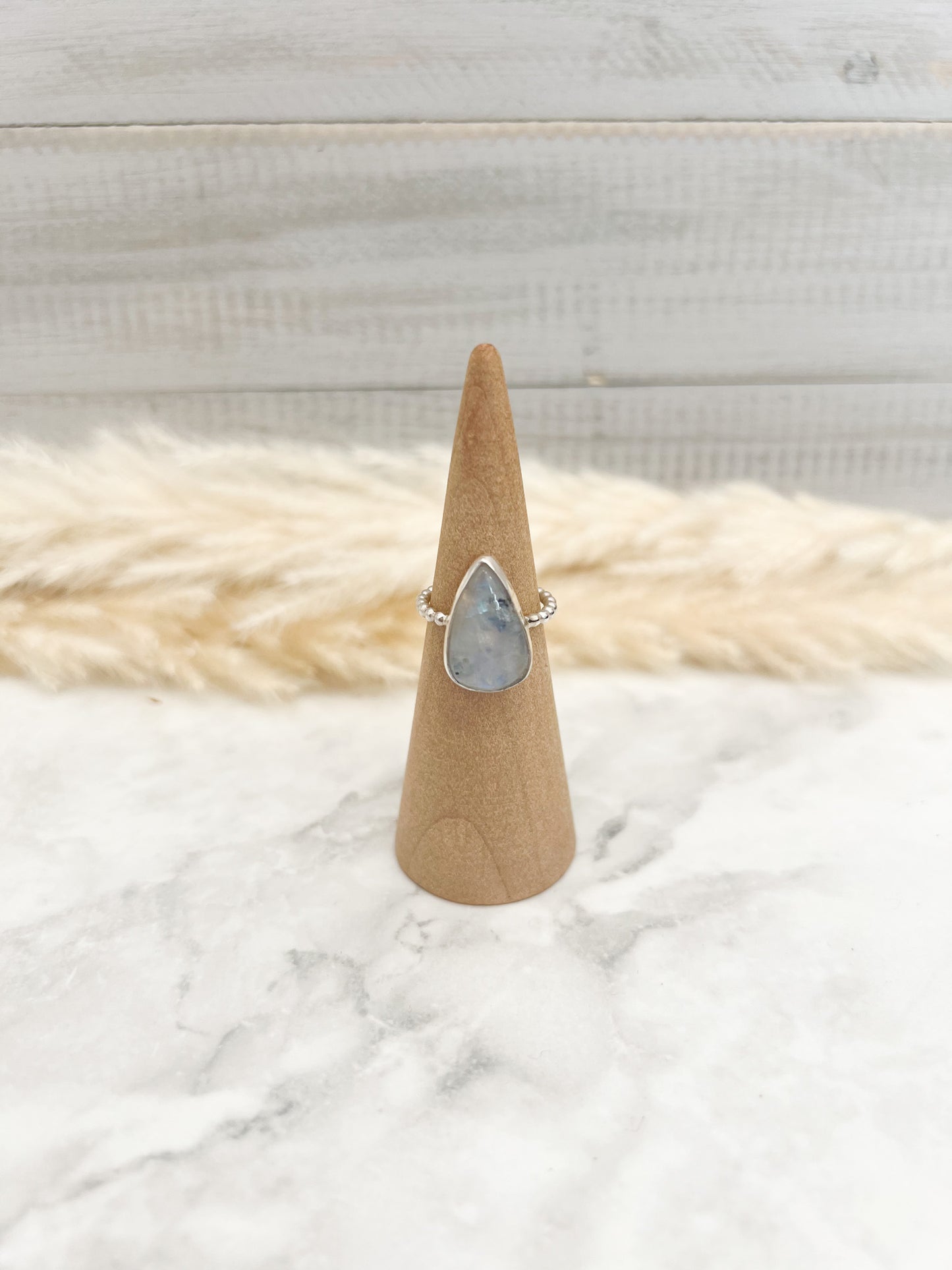 Moonstone Teardrop with Ball Bans Ring- #78 Size: 6