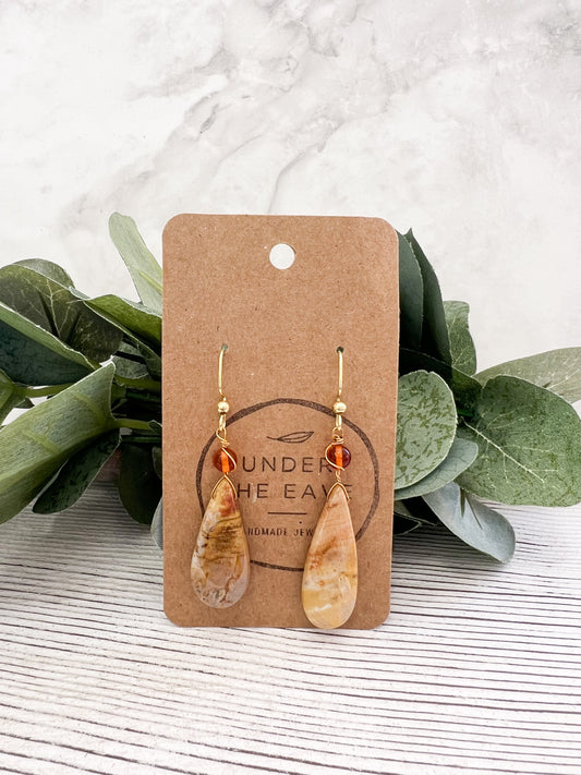 Petrified Wood & Amber Earrings