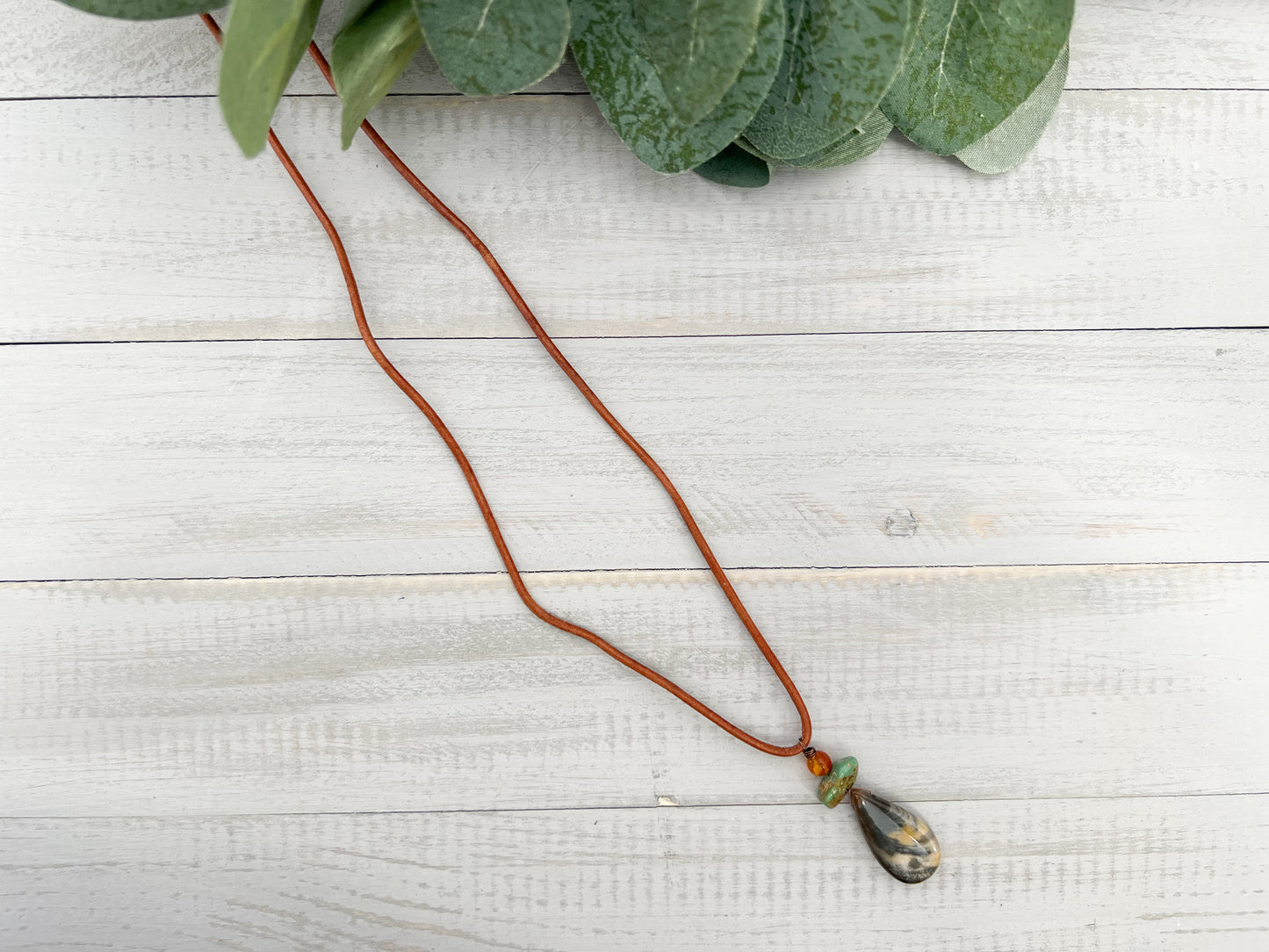 Petrified Wood Turquoise & Amber Necklace 001