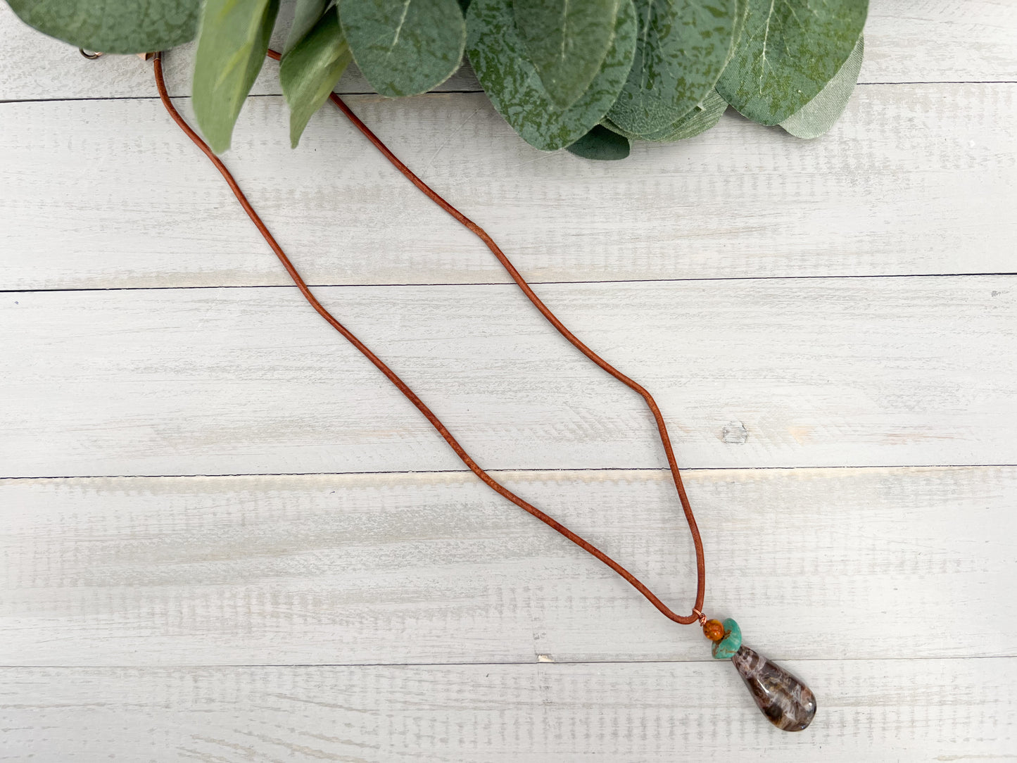 Petrified Wood Turquoise & Amber Necklace 002