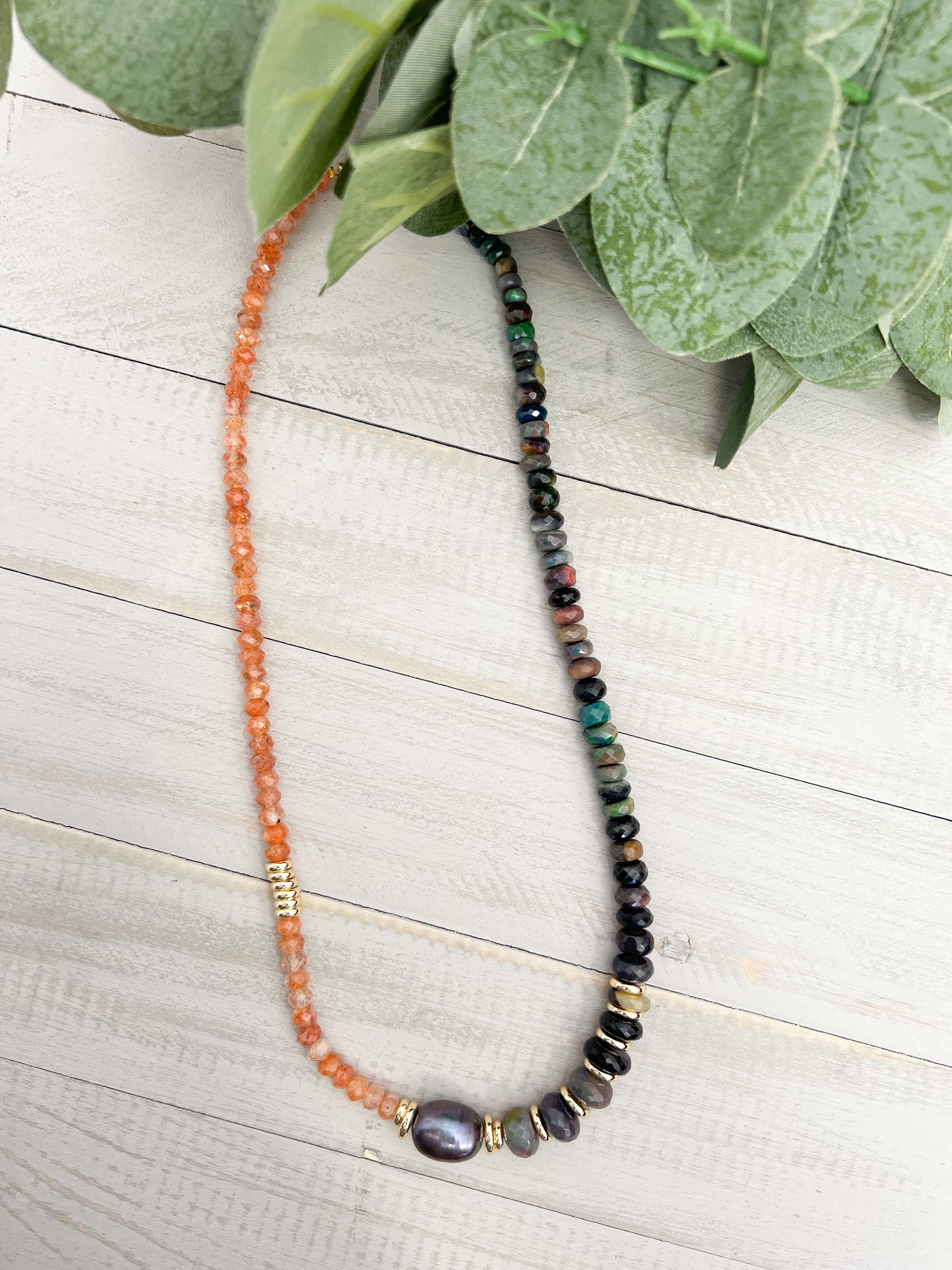 Sunstone Opal Black Pearl Necklace