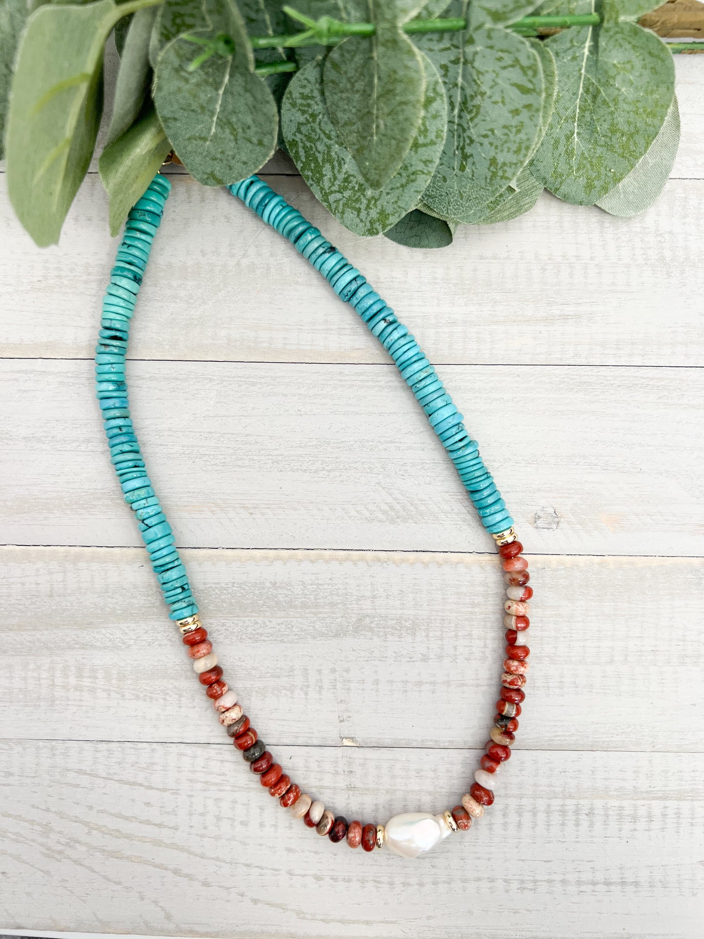 Turquoise Red Creek Jasper Pearl Necklace